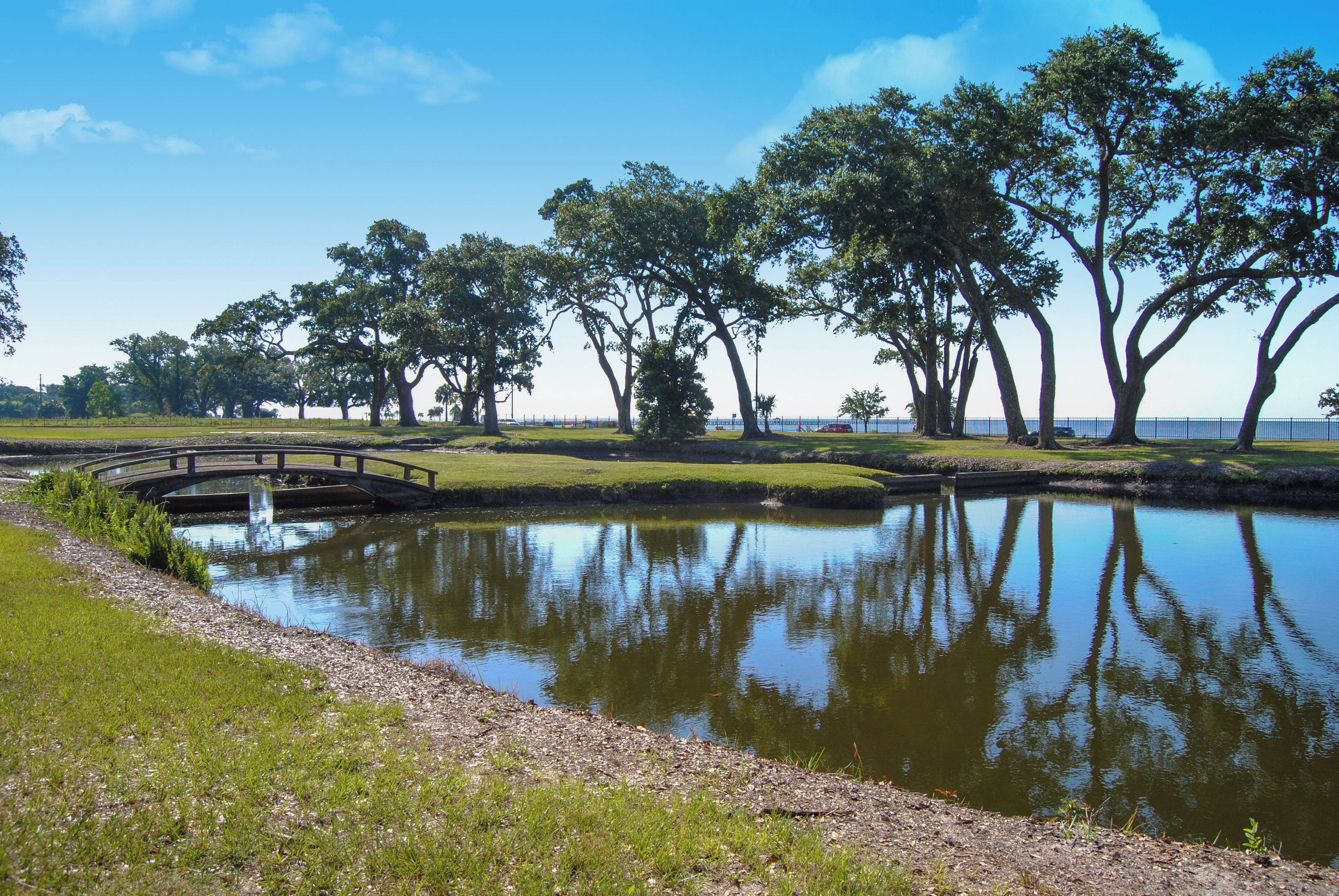 A serene park with a pond, a wooden bridge, and trees.