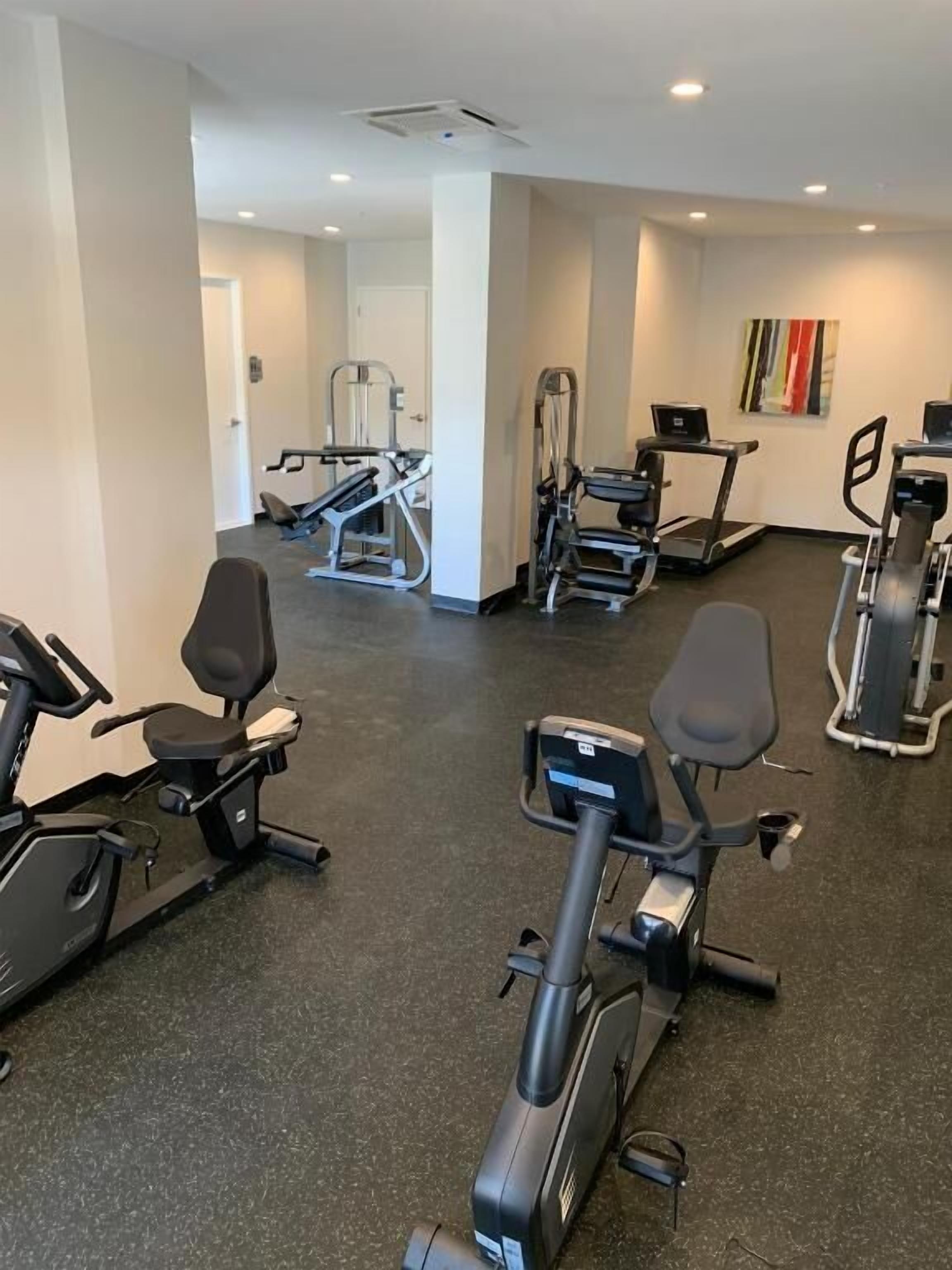 A gym with various exercise equipment including treadmills, stationary bikes, and weight machines.