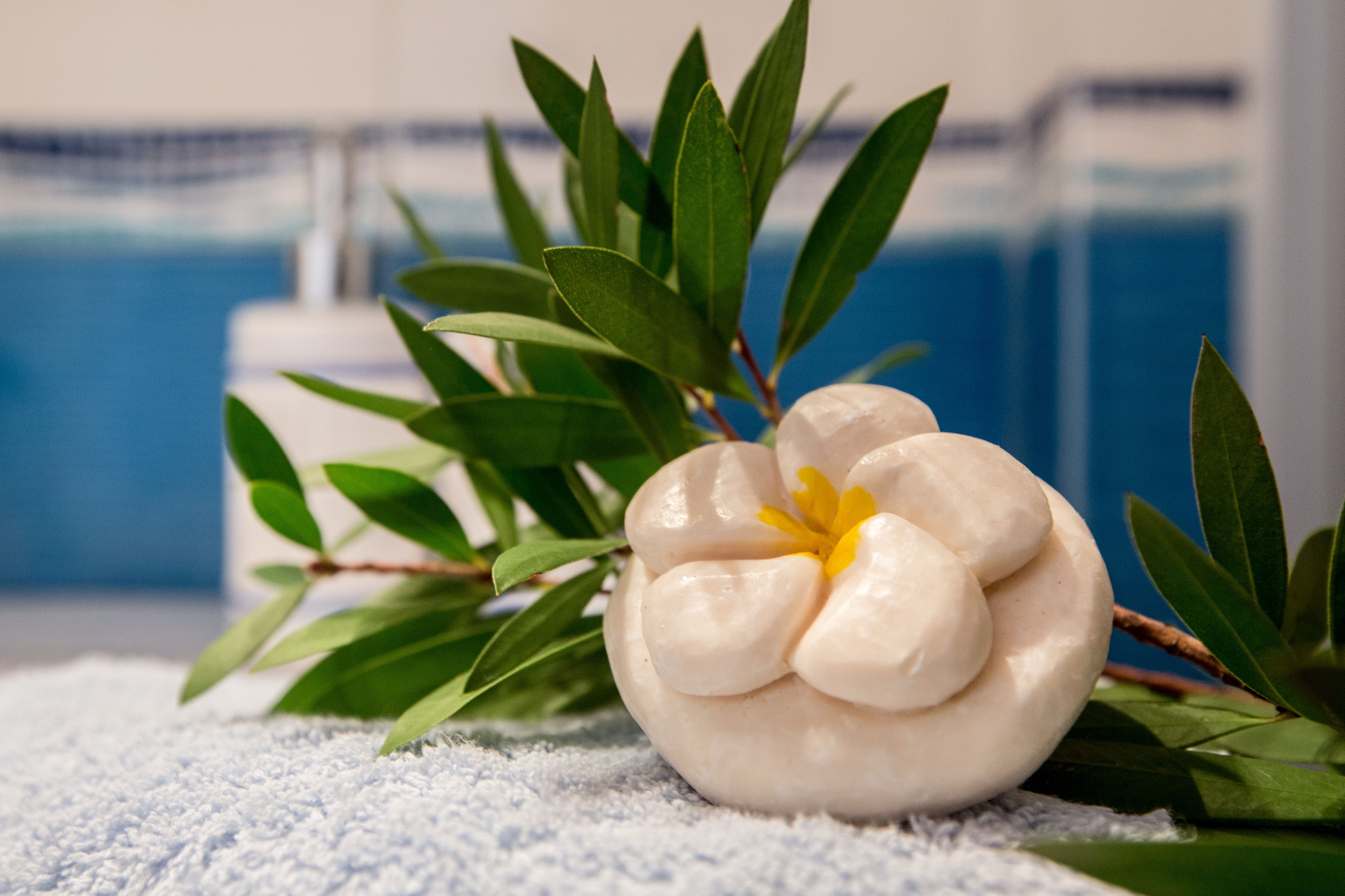 A bath product with a flower design, surrounded by green leaves on a blue towel.