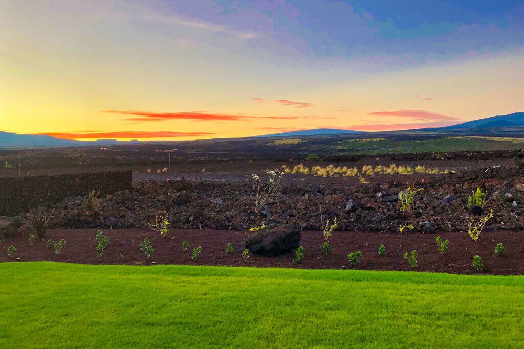 A landscape with a grassy foreground, rocky terrain, and distant hills under a sunset sky.