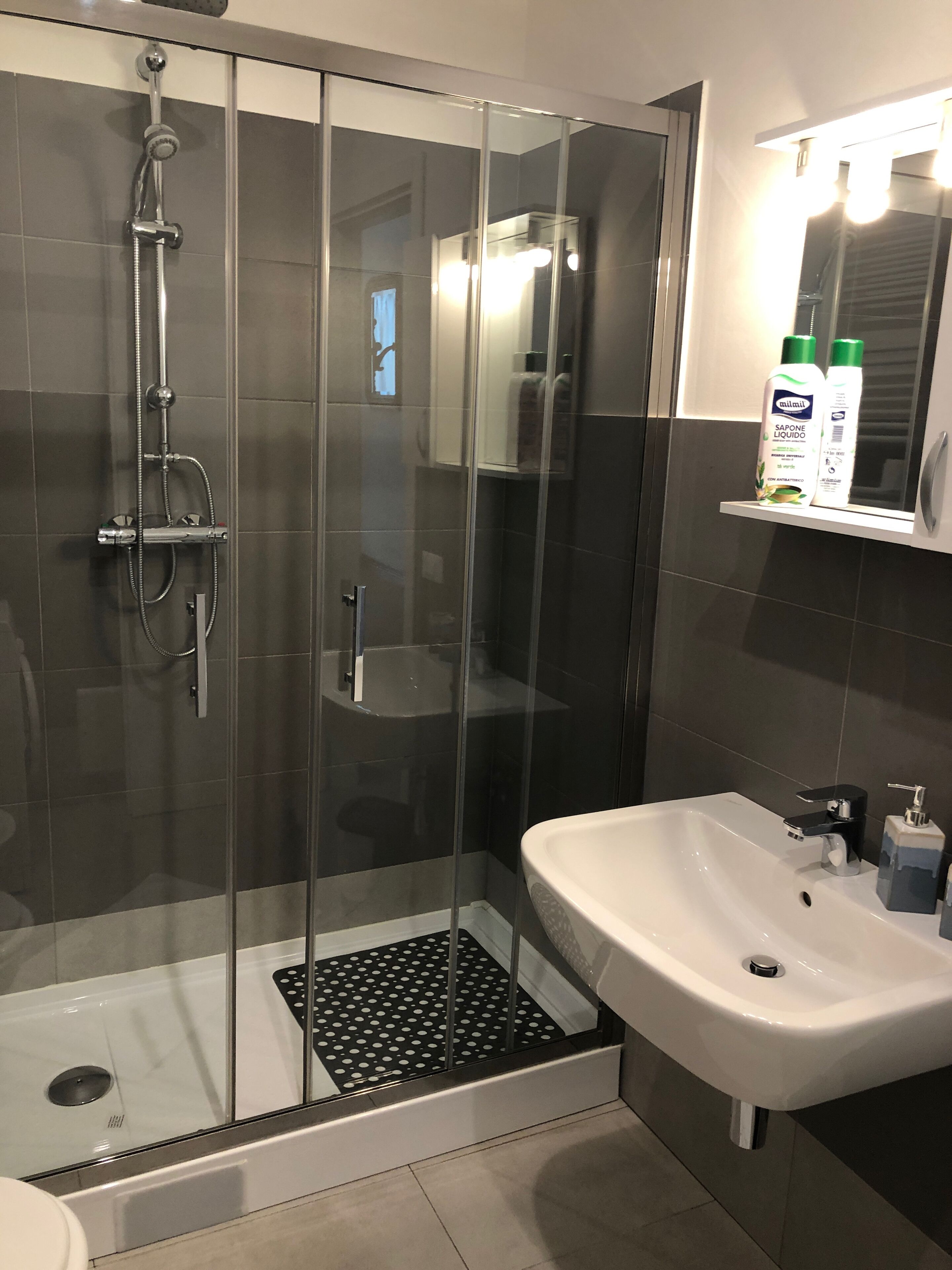 Dusche, Haartrockner, Handtücher, Toilettenpapier