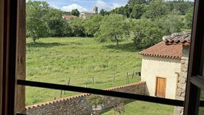 Blick durch ein Fenster auf eine Steinmauer, ein Wiesenfeld und ein Gebäude mit einem Ziegeldach.