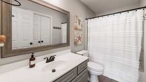 Combined shower/bathtub, hair dryer, towels - Anchors Away II in this Spacious and Beautiful  2BR, Condo overlooking Pond, Pool and 4th Hole (Pawleys Island)