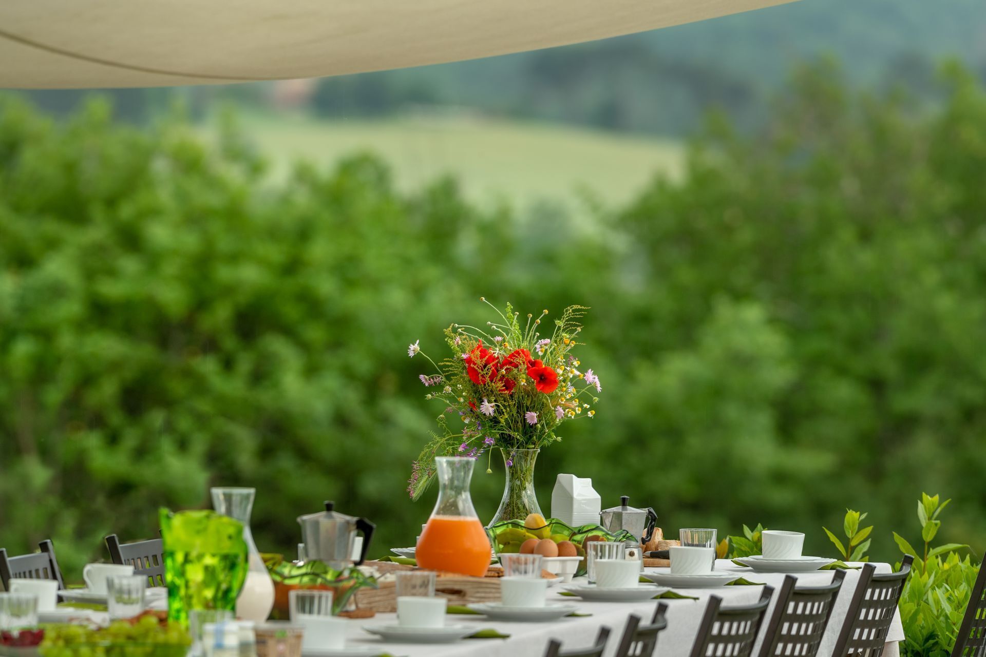 An outdoor dining area with a table set for breakfast, including plates, cups, and a coffee pot.
