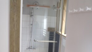 Un baño con ducha, inodoro y suelo de madera.