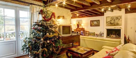 Télévision, cheminée, lecteur de DVD