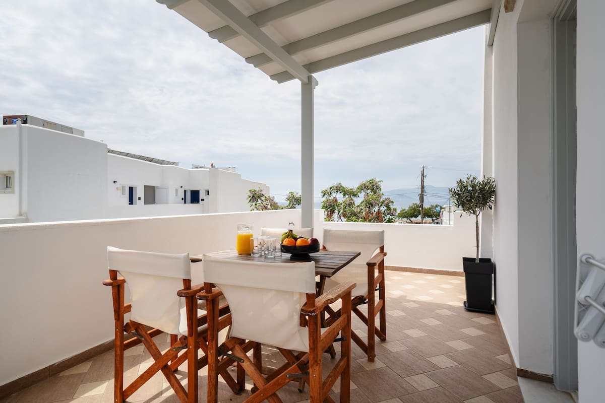 A terrace with a table set for two, a potted plant, and a view of the sea.