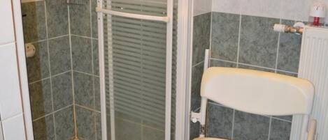 A bathroom with a shower, toilet, and a tiled floor.