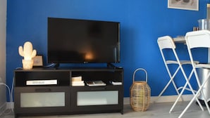 A room with a black entertainment unit, a flat-screen TV, a cactus, a wicker basket, and white folding chairs.