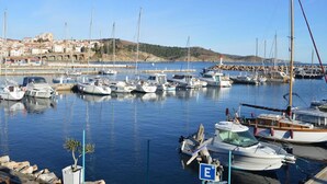 A marina with various boats docked, a clear sky, and a hilly landscape in the background.