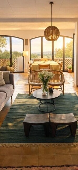 TV, fireplace, books, music library