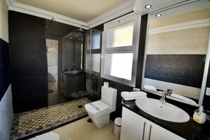 Shower, hair dryer, bidet, towels