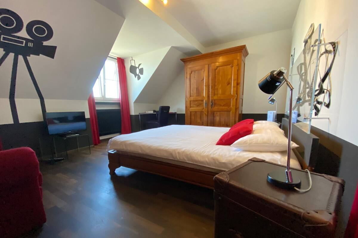 Un dormitorio con cama, escritorio, televisor y armario.