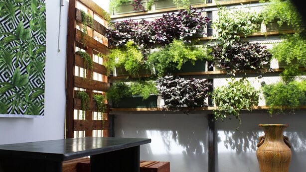 A patio with a wooden table and chairs, a large vase, and a wall with various plants.