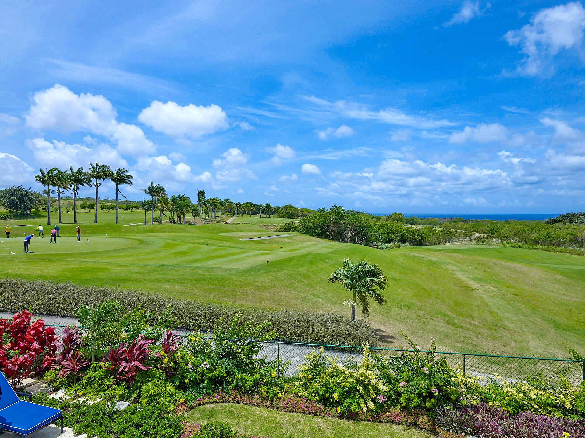 Un parcours de golf offrant une vue dégagée sur l’océan, agrémenté de palmiers et doté d’une pelouse parfaitement entretenue.