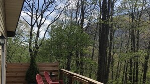 Une terrasse en bois avec des fauteuils Adirondack rouges, une petite plante en pot et une vue sur une zone boisée.