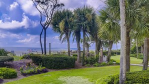 Un jardín cuidado con palmeras, césped y vista a la playa.