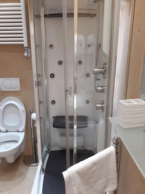 A bathroom with a glass-enclosed shower, a toilet, and a towel rack. - Venice Romantic Views San Marco (Venice)
