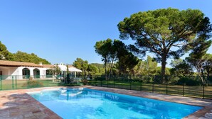Une piscine rectangulaire bordée de carreaux, entourée d’une clôture verte et d’une terrasse en briques.