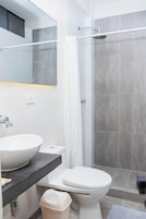 Ducha, cabezal de ducha tipo lluvia, toallas, papel higiénico