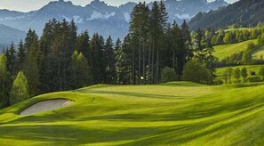 Un campo de golf con un mástil de bandera, rodeado de árboles y montañas.