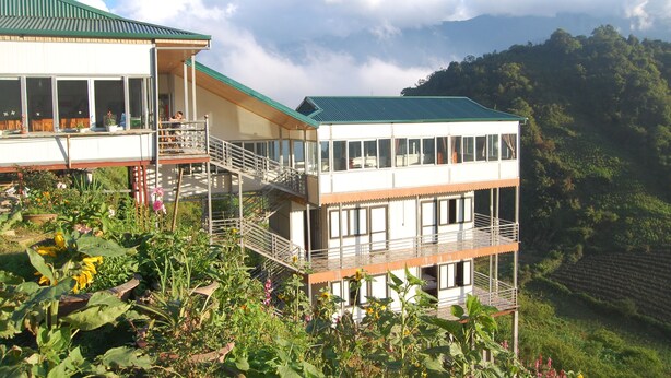 A two-story building with a green roof, large windows, and a balcony. - Sapa Dao Homestay (Sa Pa)