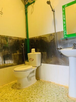 Bathroom features a toilet, sink, and mirror.