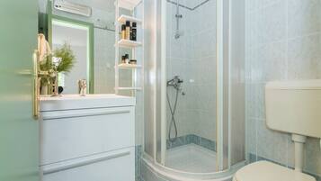 Shower, hair dryer, towels