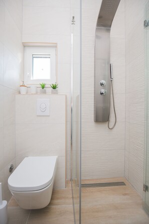 Shower, jetted tub, hair dryer, towels