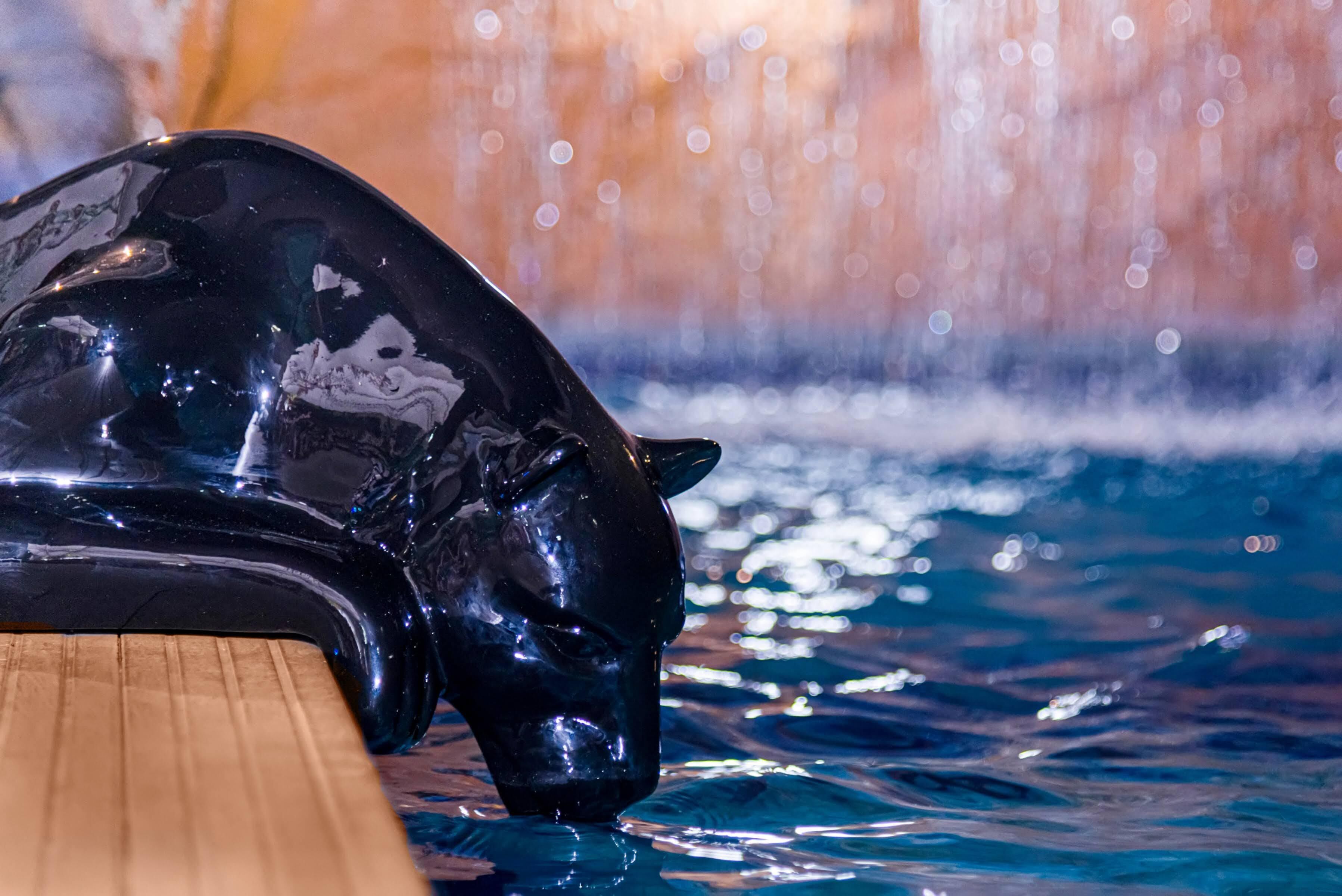 A black sculpture of a horse's head in a body of water with a wooden platform in the foreground.