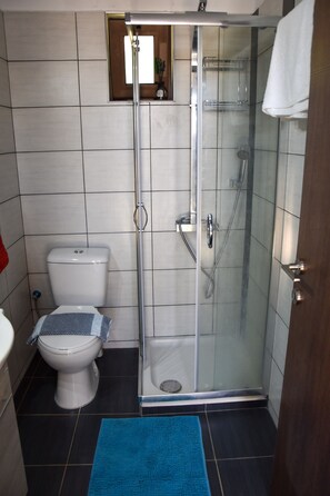 Dusche, Haartrockner, Handtücher, Toilettenpapier