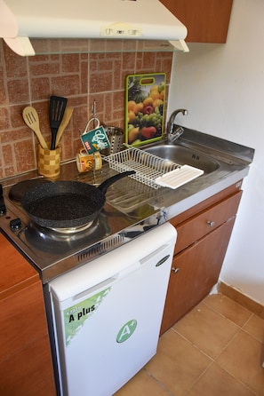 Fridge, microwave, coffee/tea maker, electric kettle