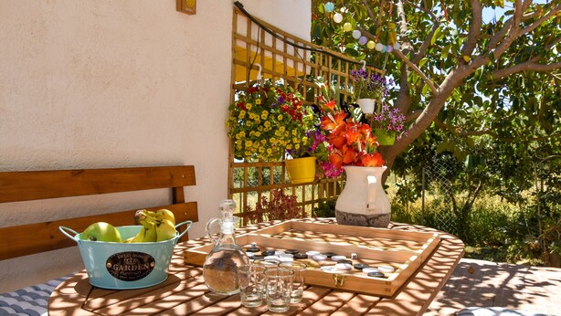 Un patio con una mesa de madera, un cubo azul con frutas, una jarra, vasos para shots y una bandeja con tapones de botellas.
