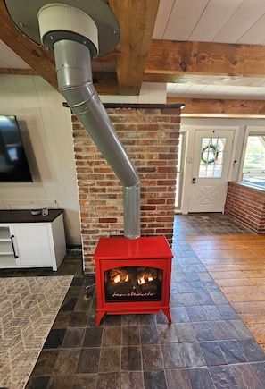 A room with a brick wall, a red fireplace, a TV on a stand, and a door with a window.