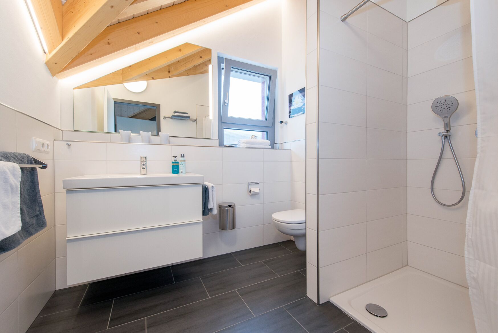 Ein modernes Badezimmer mit Dusche, Toilette und Waschbecken.