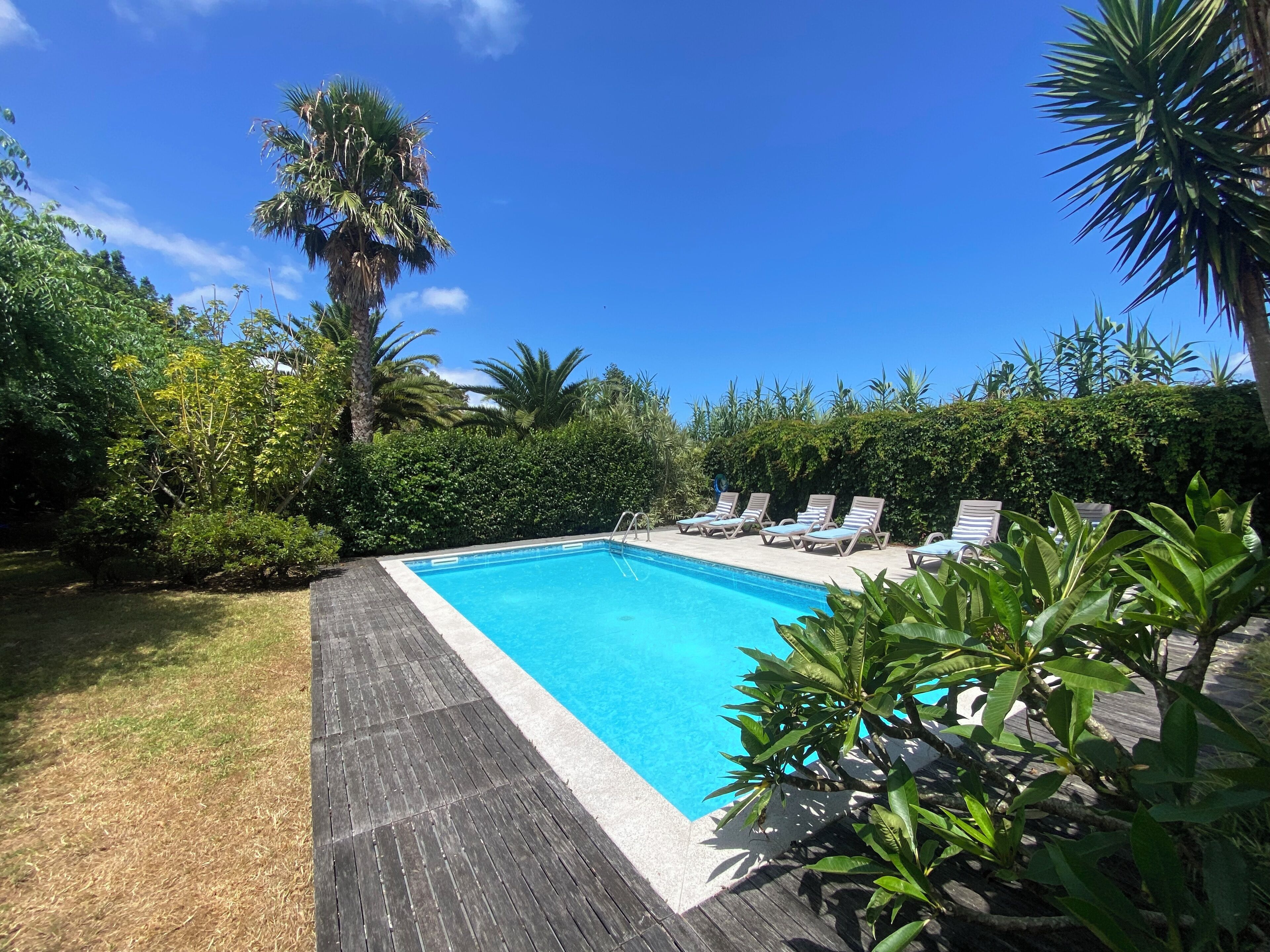 Piscina retangular com deck de madeira e espreguiçadeiras.