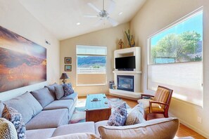 TV, fireplace, DVD player, books