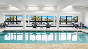 A swimming pool with clear water, surrounded by white pillars and large windows offering views of palm trees and buildings.