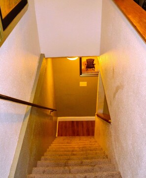 Un escalier doté d’une rampe, de marches recouvertes de moquette et d’un luminaire fixé au mur.