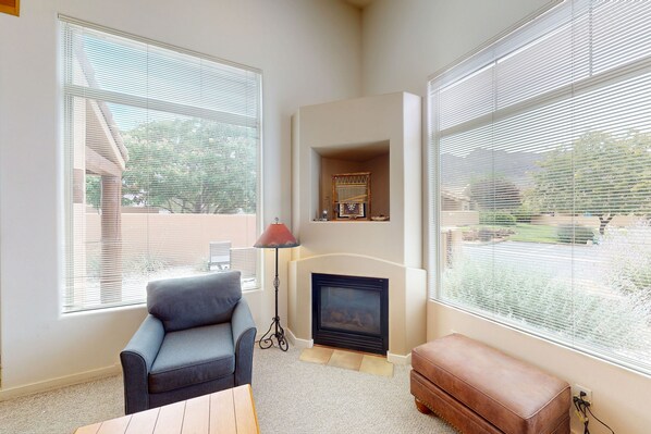 TV, fireplace, DVD player, video library