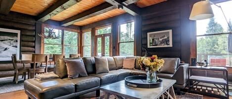 Smart TV, chimenea, reproductor de DVD y biblioteca musical