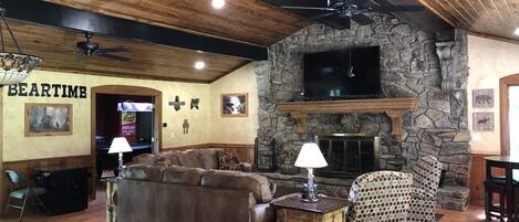 Smart TV, fireplace, video games, foosball