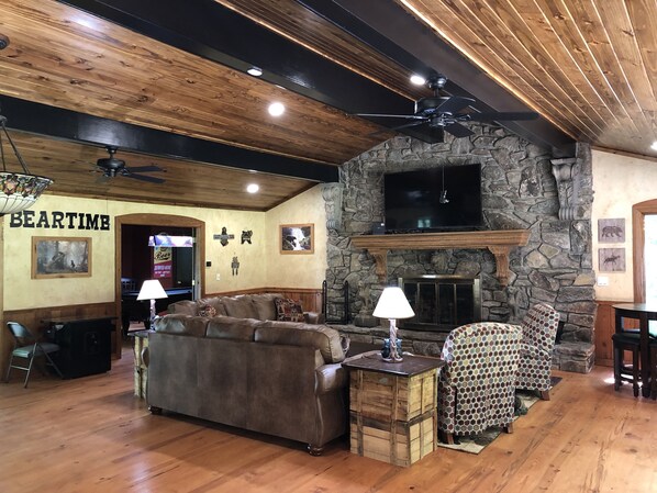 Smart TV, fireplace, video games, foosball