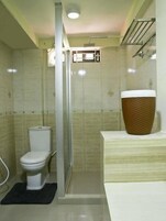 Shower, hydromassage showerhead, free toiletries, hair dryer