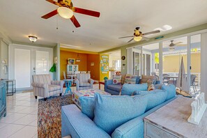 TV, DVD player, books, video library