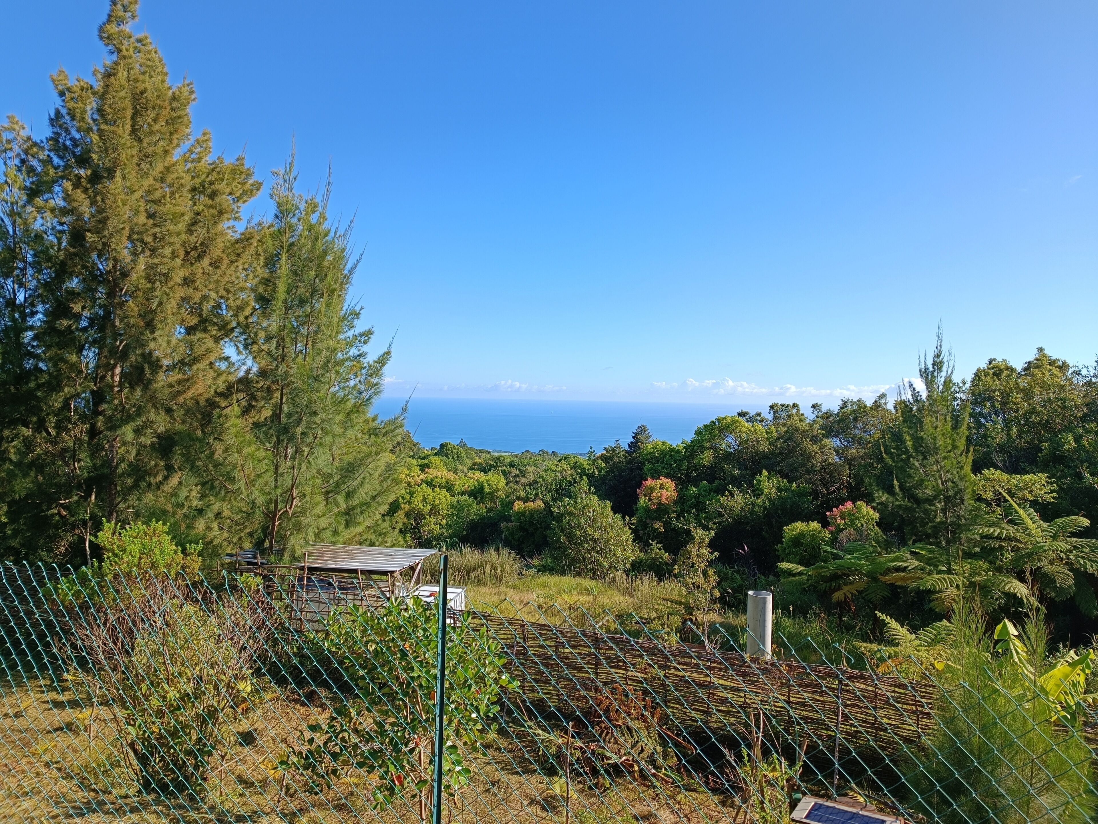 Un jardín cercado con vista al océano.