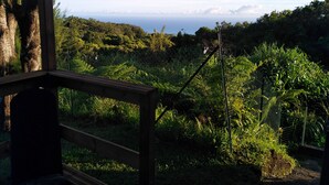 A wooden deck with a view of a lush green landscape and a distant horizon. - DOMAINE DECOTTE BUNGALOW in the heart of nature (Sainte-Suzanne)
