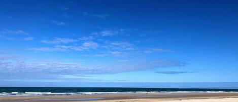 Ein Strand mit blauem Himmel und dem Meer.