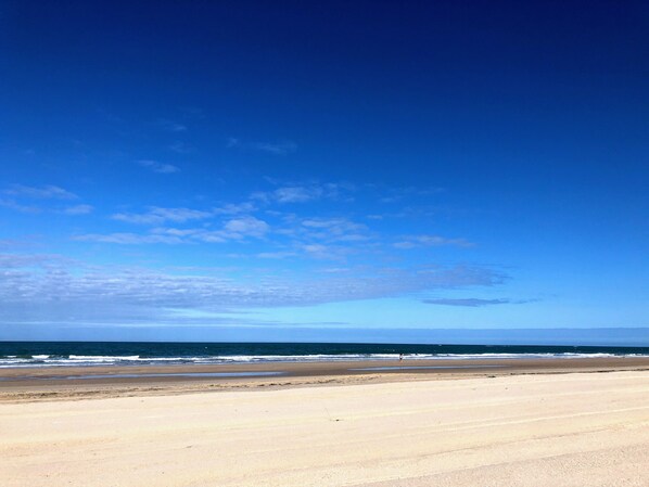 A beach with a clear sky and ocean.