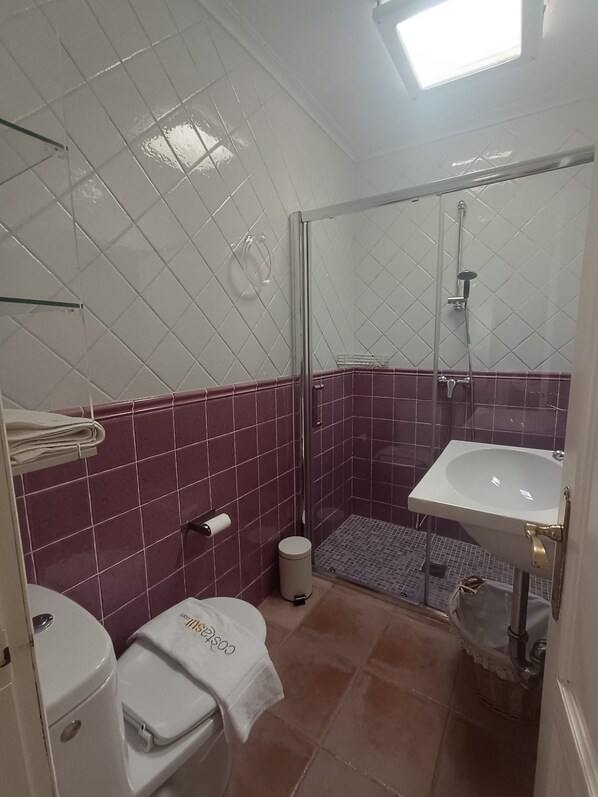 A bathroom with a shower, toilet, and sink.